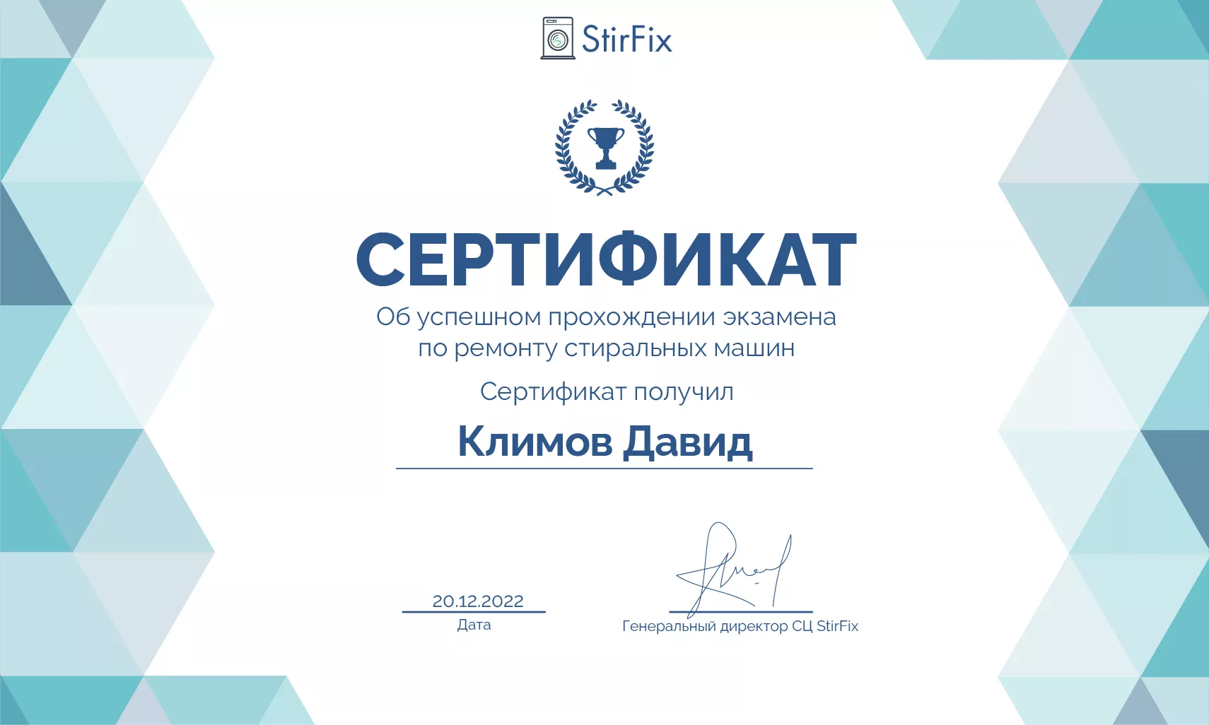 Климов Давид сертификат мастера по ремонту стиральных машин