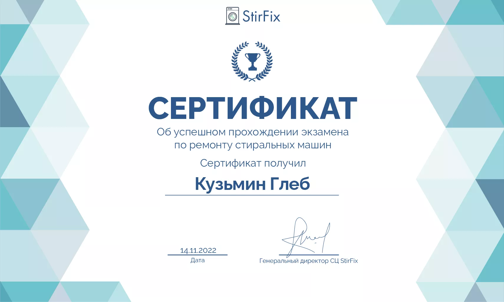 Кузьмин Глеб сертификат мастера по ремонту стиральных машин