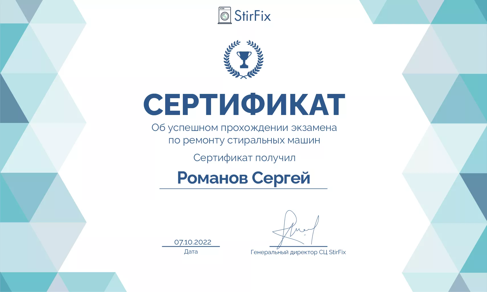 Романов Сергей сертификат мастера по ремонту стиральных машин